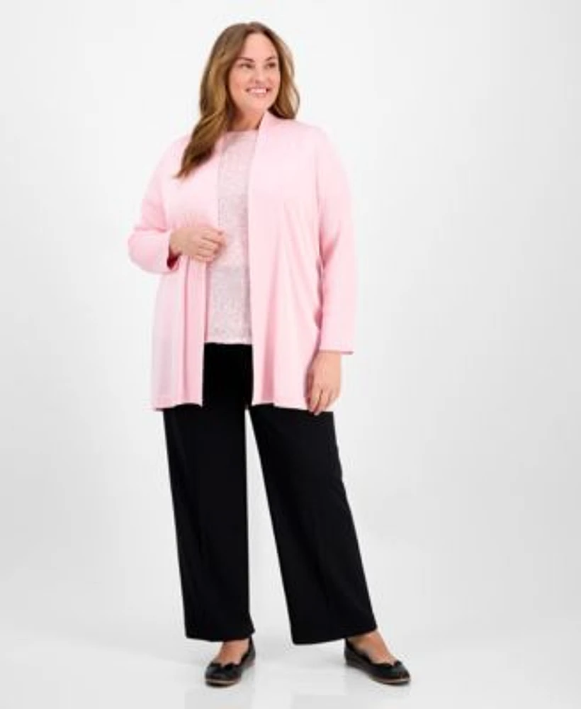 Anne Klein Plus Size Sequined Mesh Trim Short Sleeve Top Sonoma Open Front Long Sleeve Cardigan Pull On Mid Rise Wide Leg Pants