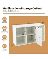 Gouun Wood Storage Cabinet with Wheels and 6 Compartments