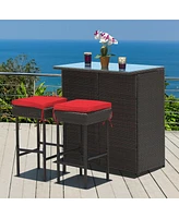 Gouun 3 Pieces Outdoor Rattan Wicker Bar Set with 2 Cushions Stools