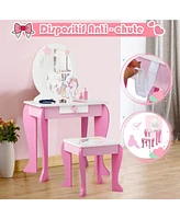 Gouun Kids Wooden Makeup Dressing Table and Chair Set with Mirror and Drawer