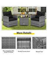 3 Pieces Outdoor Wicker Conversation Set with Tempered Glass Tabletop