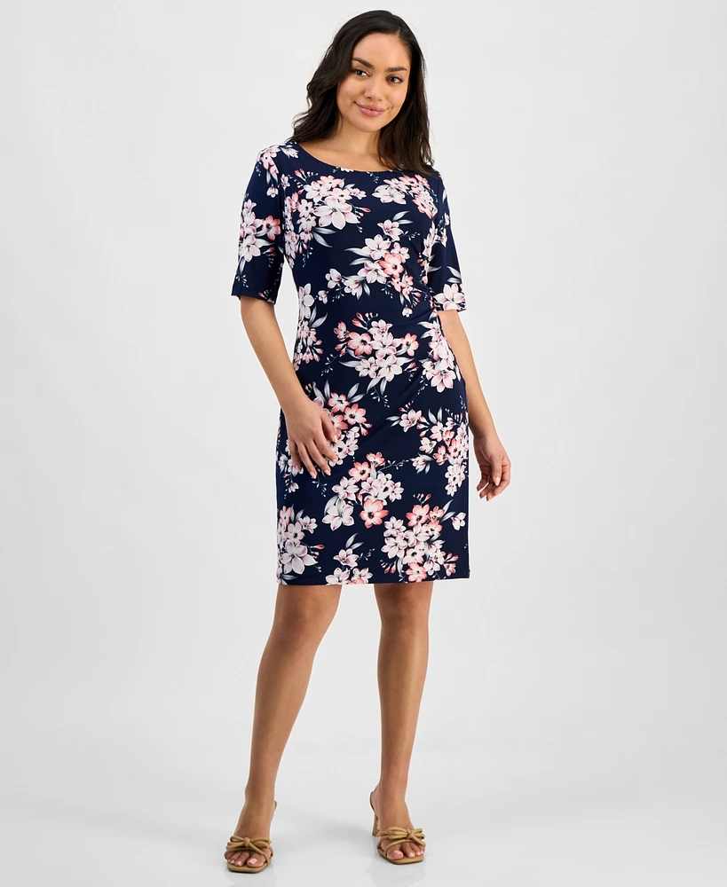 Connected Petite Printed Elbow-Sleeve Sheath Dress