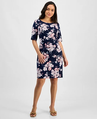 Connected Petite Printed Elbow-Sleeve Sheath Dress