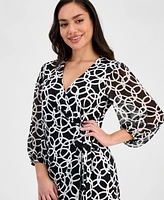 Connected Petite Printed Blouson-Sleeve Faux-Wrap Sheath Dress