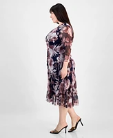 Connected Plus Side-Ruched 3/4-Sleeve Midi Dress