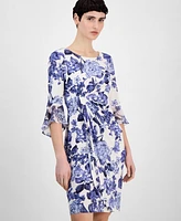 Connected Women's Printed Side-Tab Bell-Sleeve Dress