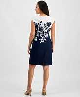 Connected Petite Floral Jewel-Neck Belted Sheath Dress