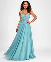 City Studios Juniors' Embellished Lace-Trim Corset Gown