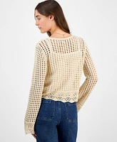 Hooked Up by Iot Juniors' Tie-Front Crochet Cardigan Sweater