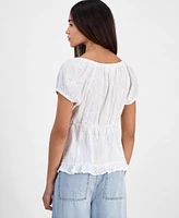 Hippie Rose Juniors' Eyelet Babydoll Short-Sleeve Top