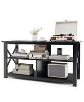 Gouun 3 Tier Wood Tv Stand for 55-Inch with Open Shelves and X-Shaped Frame