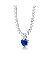 Luxurious White Gold Plated Heart Tennis Necklace with Blue Heart Charm