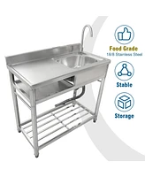 Free Standing Stainless Steel Kitchen Sink with Faucet, Strainer and Shelf, Single Bowl Commercial Restaurant Kitchen Sink Set, for Prep & Utility Ind