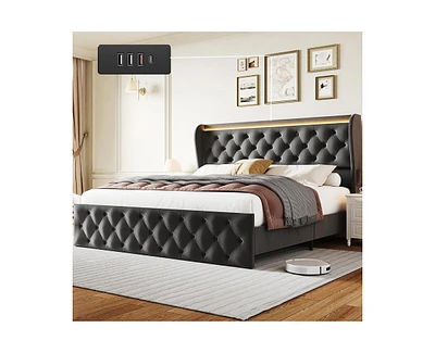 gaomon Queen Led Bed Frame with Charging Station, Velvet Upholstered Platform Bed Frame with Button Wingback Headboard