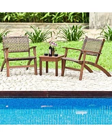 Slickblue Solid Wood and Rattan 3-Piece Outdoor Patio Furniture Table Chairs Set