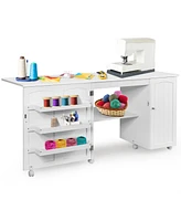 Gouun Folding Sewing Table Shelves Storage Cabinet Craft Cart with Wheels