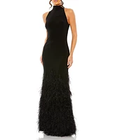 Mac Duggal Women's Jersey Halter Gown with Feather Tiered Detail