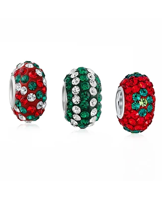 Bling Jewelry Christmas Holiday Red Green Flower Stripe Crystal Sparkle Mix Bundle Set Of Three .925 Sterling Silver Dangle Charm Bead Fits European C
