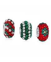 Bling Jewelry Christmas Holiday Red Green Flower Stripe Crystal Sparkle Mix Bundle Set Of Three .925 Sterling Silver Dangle Charm Bead Fits European C