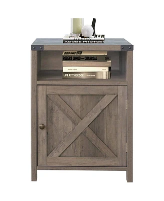 Slickblue Farmhouse Style End Table Barn Door Nightstand for Rustic Bedroom or Living Room Storage