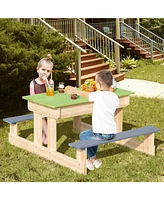 Gouun 3-in-1 Outdoor Wooden Kids Sand and Water Activity Table with Benches and Storage Boxes