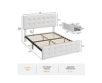 gaomon Queen Size Bed Frame with 4 Storage Drawers and Headboard, Pu Upholstered Platform Bed Frame with Stitched Button Tufted Design