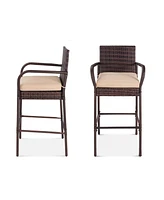 Slickblue Set of 2 Brown Indoor/Outdoor Wicker Bar Stools with 2 Tan Cushions