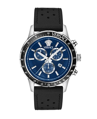 Versace Men's Sport Chrono Silver Stainless Steel and Leather Strap Watch, 44mm