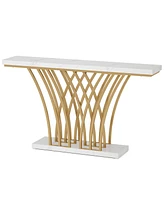 Tribesigns 59.06 inch Gold Console Table, Modern Entryway Table with Grid-Shaped Metal Base for Entrance, Hallway, Entryway, Living Room(White Faux Ma