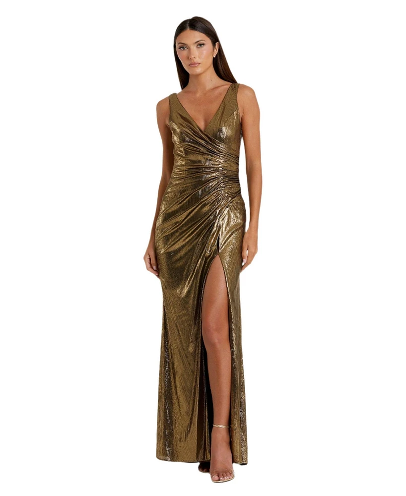 Mac Duggal Women's Metallic Ruched Detail Front Slip V Neck Gown