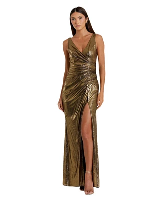 Mac Duggal Women's Metallic Ruched Detail Front Slip V Neck Gown