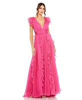 Mac Duggal Women's Pleated Ruffle Cap Sleeve Flowy A Line Gown