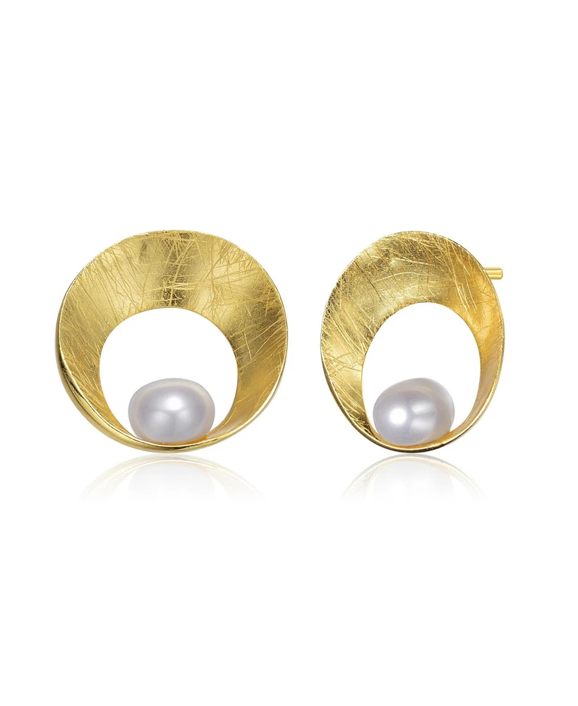 Genevive Sterling Silver 14K Gold Plated with Genuine Freshwater Round Pearl Stud Earrings