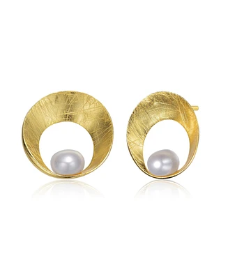 Genevive Sterling Silver 14K Gold Plated with Genuine Freshwater Round Pearl Stud Earrings