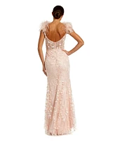 Mac Duggal Women's Sheer Applique Bustier Gown with Feather Straps