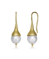 Genevive Sterling Silver 14K Gold Plated with Genuine Freshwater Pearl Hook Earrings