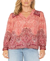 Liverpool Los Angeles Women's Long Sleeve V-Neck Popover Woven Blouse