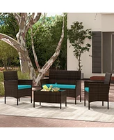 Gymax 4 Piece Patio Rattan Conversation Set Wicker Furniture Set w/ Chair Loveseat Outdoor