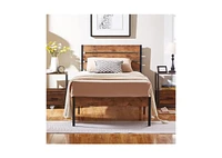 Slickblue Industrial Platform Bed Frame with Wood Slatted Headboard Footboard