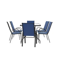 Emma+Oliver Seven Piece Patio Table Set With Metal Tempered Glass Top And 6 Flex Comfort Stacking Chairs
