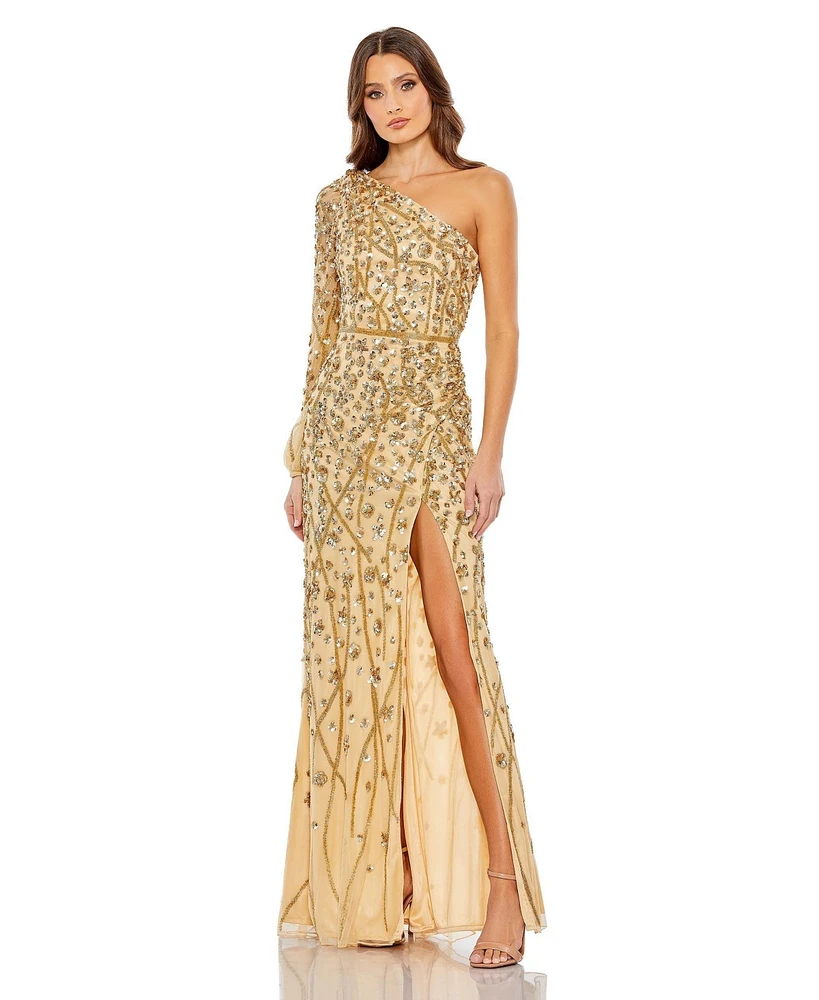 Mac Duggal Women's Embellished One Sleeve Faux Wrap Gown