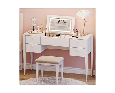 gaomon 47" Makeup Vanity Desk with Flip Top Mirror and Lights, 3 Lighting Mode, 3 in 1 Vanity Table with 5 Drawers