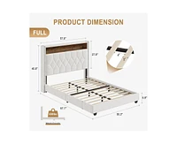 gaomon Full Velvet Upholstered Bed Frame with Storage Headboard and Built-in Charging Station, Smart Led Lights and Nailhead Trim Wingback, Wood Slats