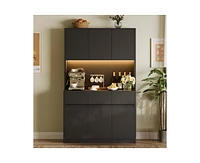 gaomon 71" Tall Kitchen Pantry Cabinet, Kitchen Hutch Storage Cabinet with Led Lights and Power Outlets, Food Pantry Cabinet with Microwave Stand