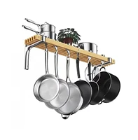 Slickblue Wall Mounted Metal Wood Pot Rack with 6 Swivel Hooks