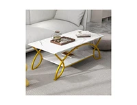 Slickblue Modern White Faux Marble 2 Tier Coffee Table with Gold Finish Metal Curved Legs