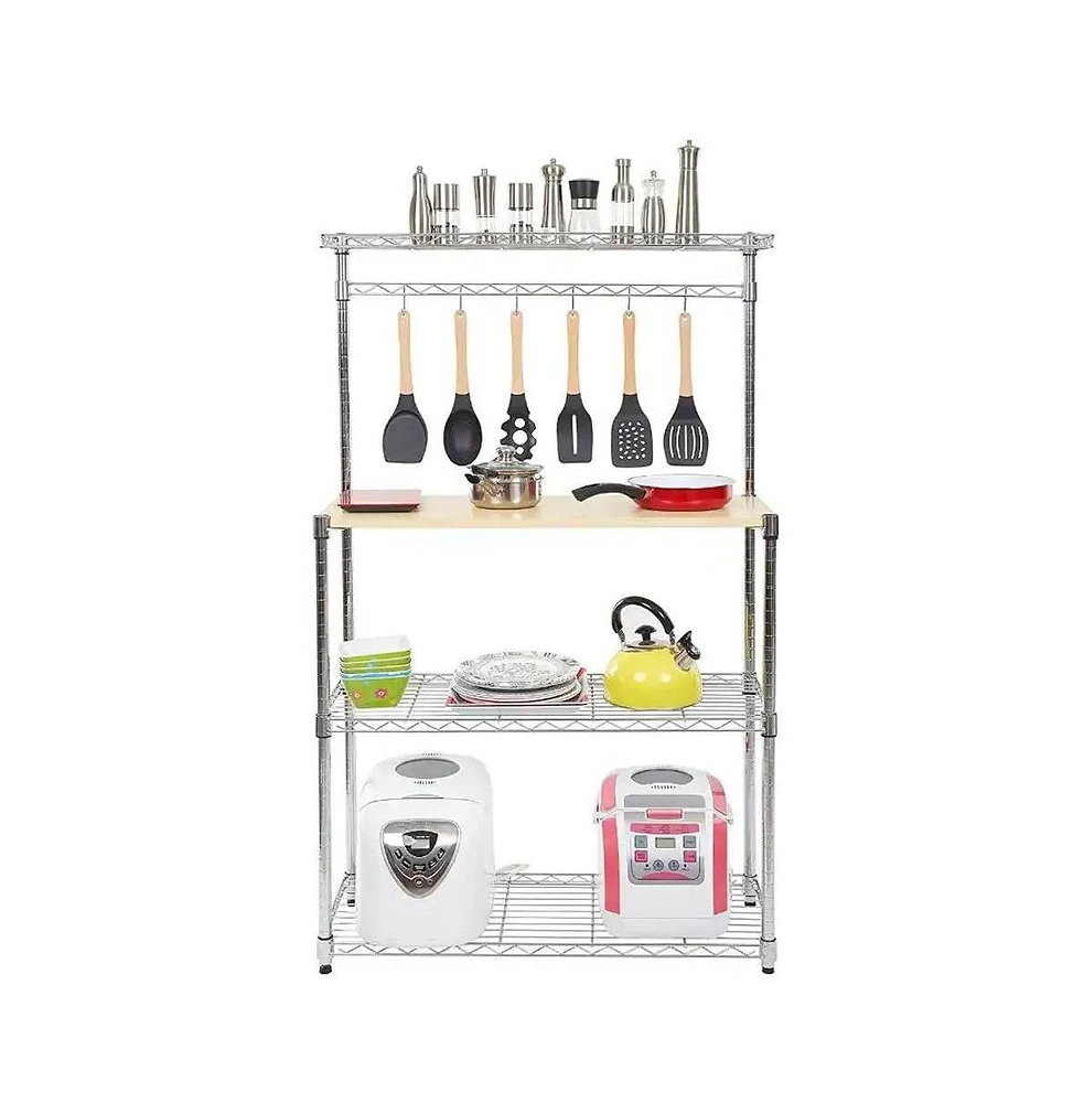 Slickblue Carbon Steel Kitchen Bakers Rack with Mdf Wood Shelf and Hanging Bar with Hooks