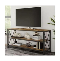 Slickblue Modern Metal Tv Stand with Barn Wood Finish Shelves for Tv and Storage