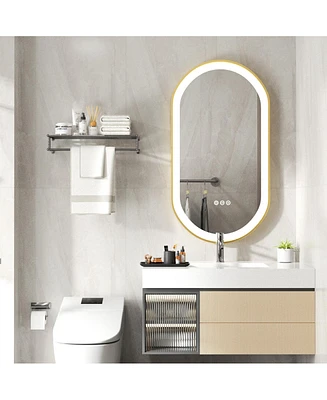 Wisfor Oval Led Bathroom Mirror Gold Frame Makeup Mirror Anti-Fog Stepless Dimming 3 Color