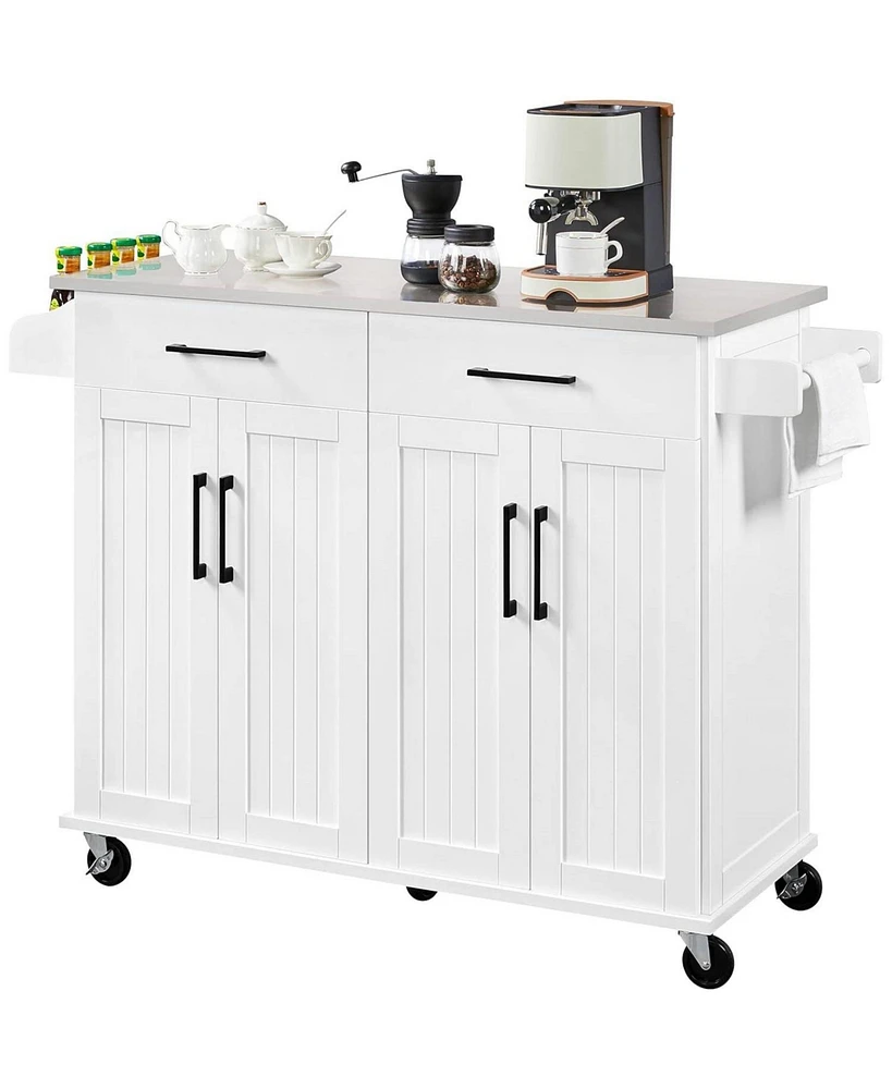 Slickblue White Kitchen Cart Island with Stainless Steel Top 2 Drawers and Cabinet